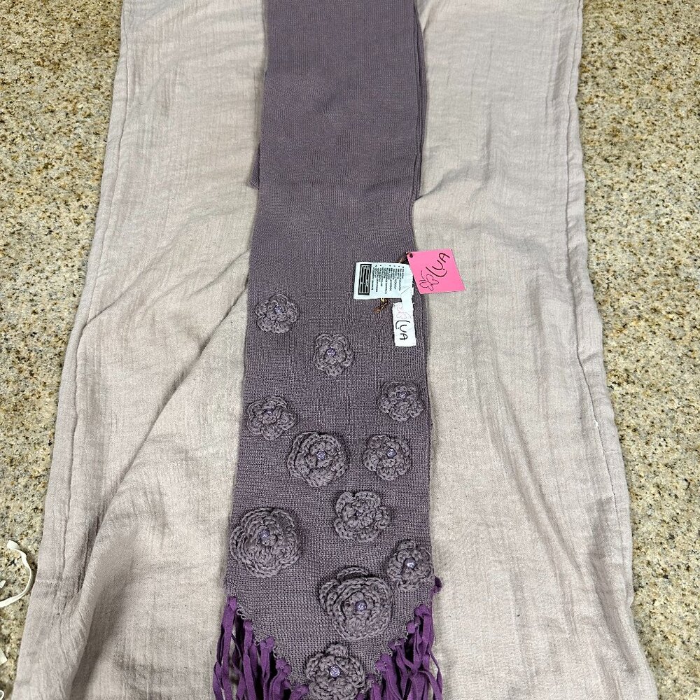 NEW (WITH TAGS) 100 % COTTON LONG  SCARF IN PURPLE WFLORAL APPLIQUES AND FRINGE